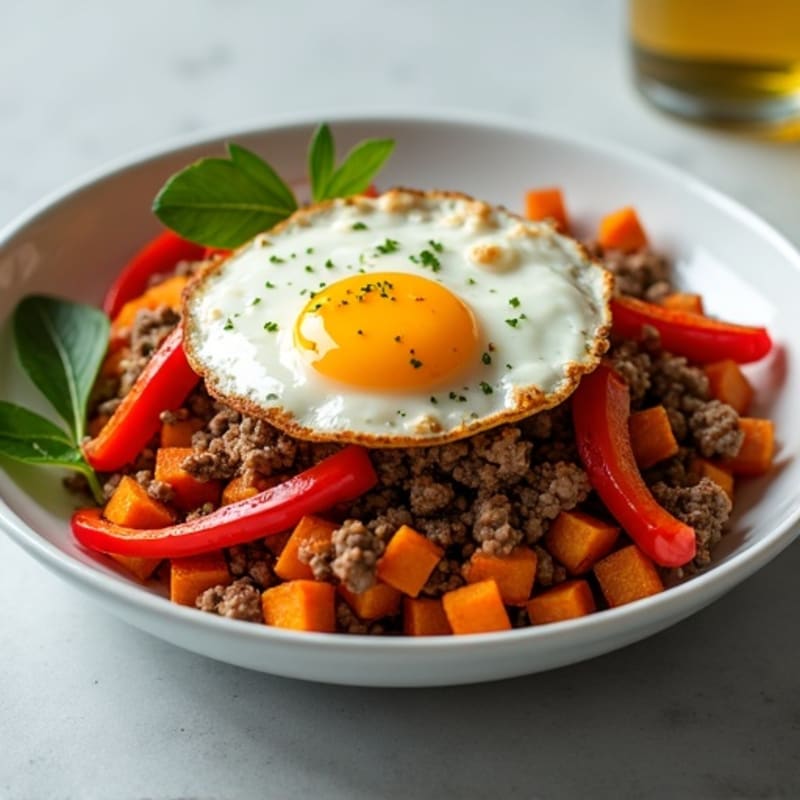 Crispy Sweet Potato Hash with Ground Beef and Fried Eggs