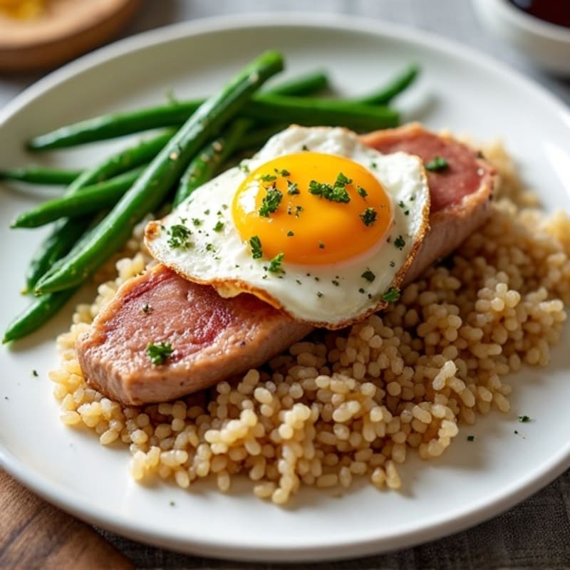 Seared Tuna Steak with Garlic String Bean Sauté and Brown Rice