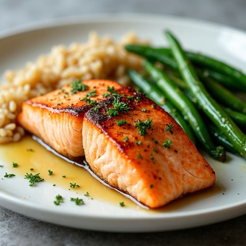 Seared Salmon with Garlic Green Beans and Brown Rice