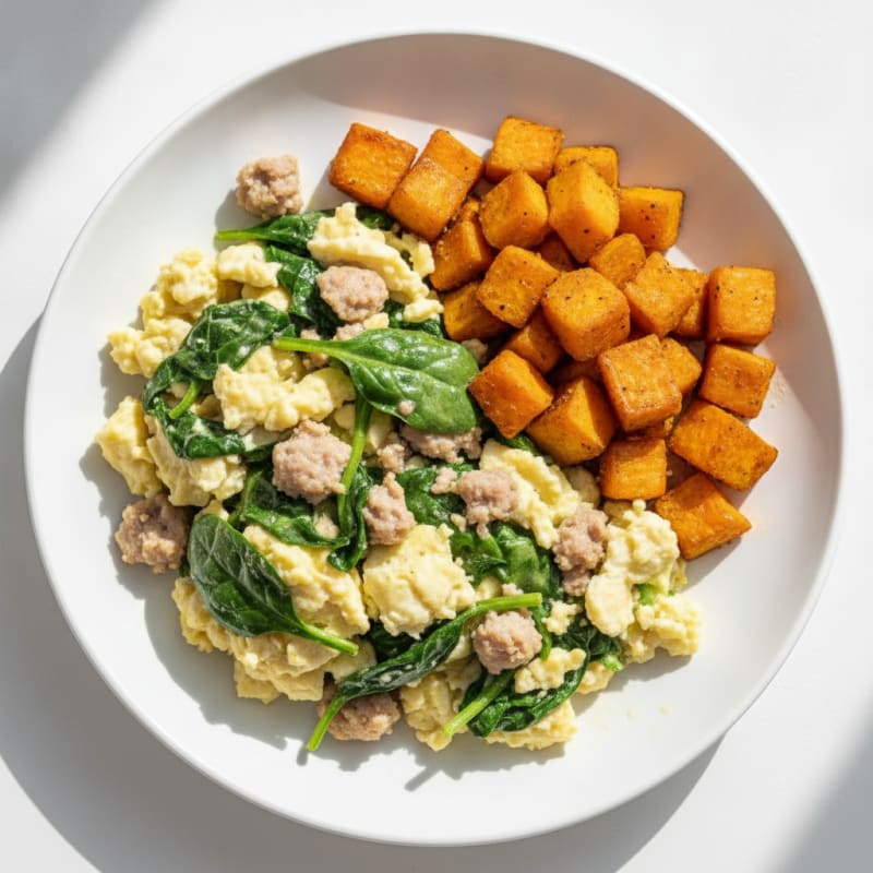 Egg White and Turkey Sausage Scramble with Spinach and Roasted Sweet Potato
