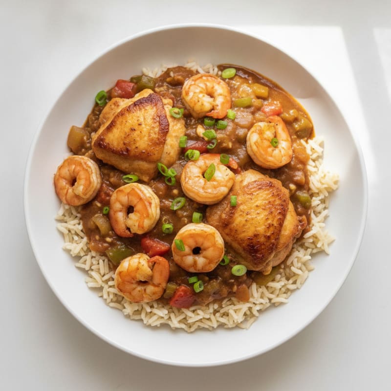Shrimp and Chicken Thigh Gumbo with Basmati Rice