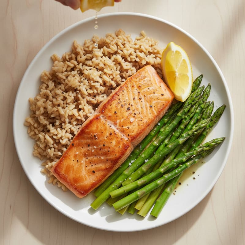 Seared Salmon with Steamed Asparagus and Brown Rice
