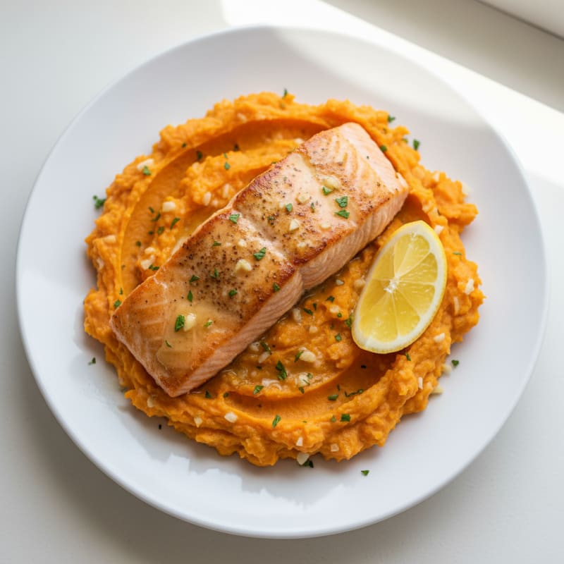Pan-Seared Salmon with Garlic Sweet Potato Mash