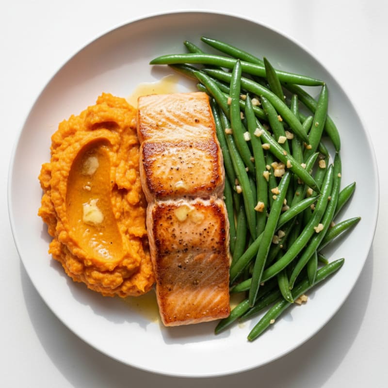 Seared Salmon with Garlic Green Beans and Sweet Potato Mash