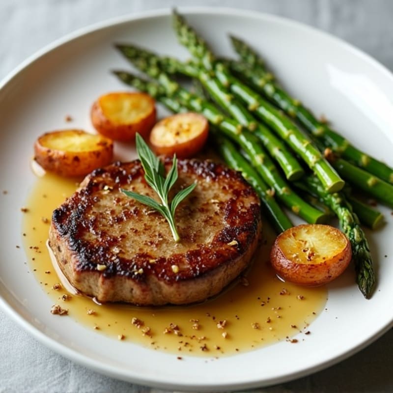 Pan-Seared Garlic Butter Steak with Crispy Roasted Potatoes and Tender Asparagus