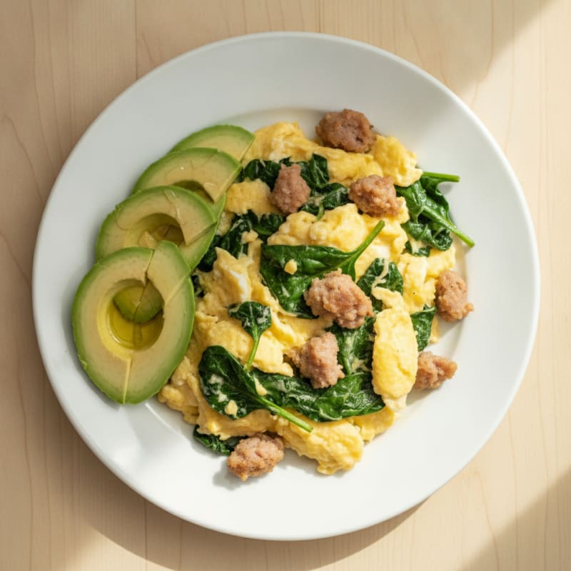 Scrambled Eggs with Spinach and Turkey Sausage