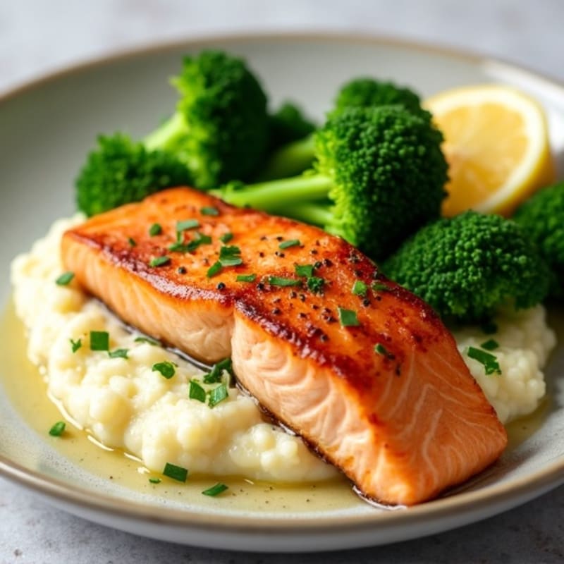 Seared Salmon with Steamed Broccoli and Garlic Cauliflower Mash
