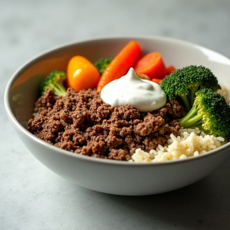Protein-Packed Ground Beef Bowl with Crispy Veggies and Creamy Tangy Dressing