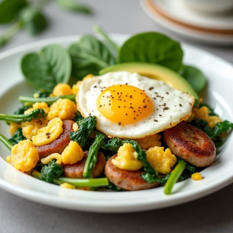 Egg White and Spinach Scramble with Turkey Sausage and Avocado