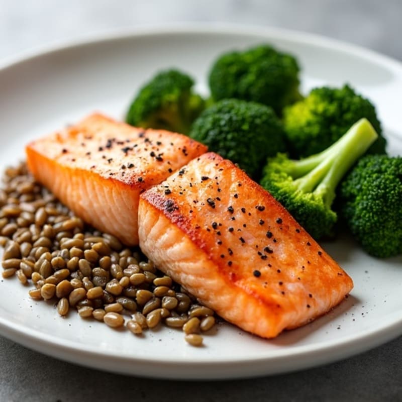 Seared Salmon Fillet with Roasted Broccoli and Lentils