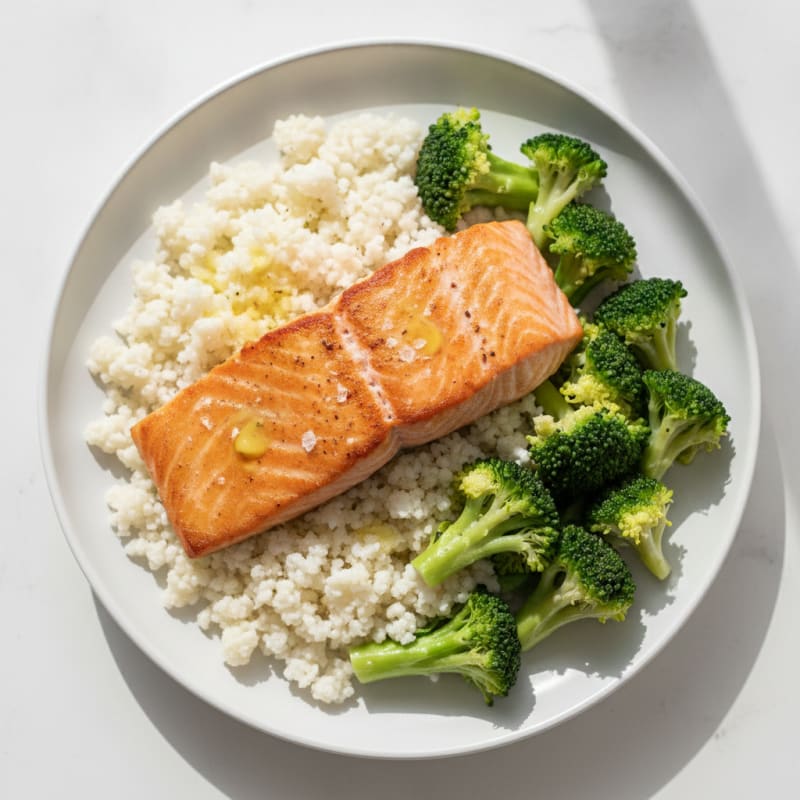 Seared Salmon Fillet with Steamed Broccoli and Cauliflower Rice