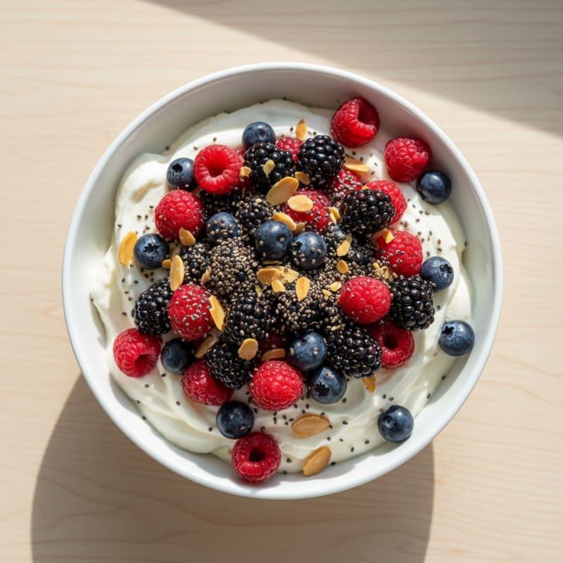 Silky Protein Yogurt Bowl with Mixed Berries and Chia Seeds