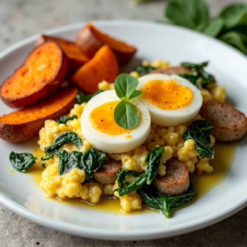 Egg White and Turkey Sausage Scramble with Spinach and Roasted Sweet Potatoes
