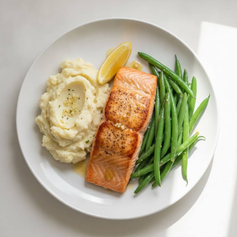 Seared Salmon with Steamed Green Beans and Garlic Mashed Cauliflower