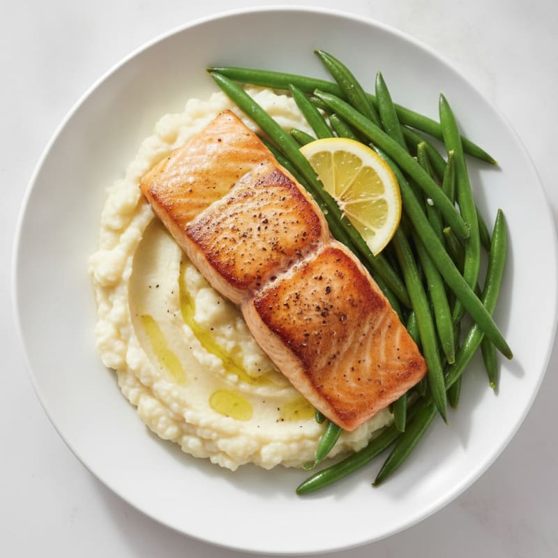 Seared Salmon with Steamed Green Beans and Garlic Mashed Cauliflower