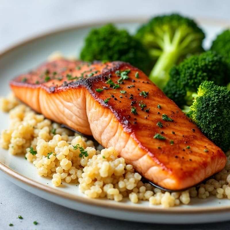 Seared Salmon with Steamed Broccoli and Quinoa