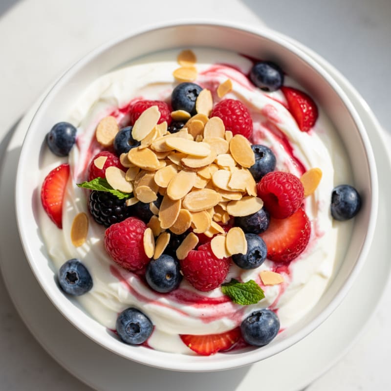 Greek Yogurt Protein Parfait with Mixed Berries and Almonds