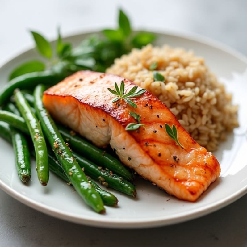 Seared Salmon Fillet with Garlic Green Beans and Brown Rice