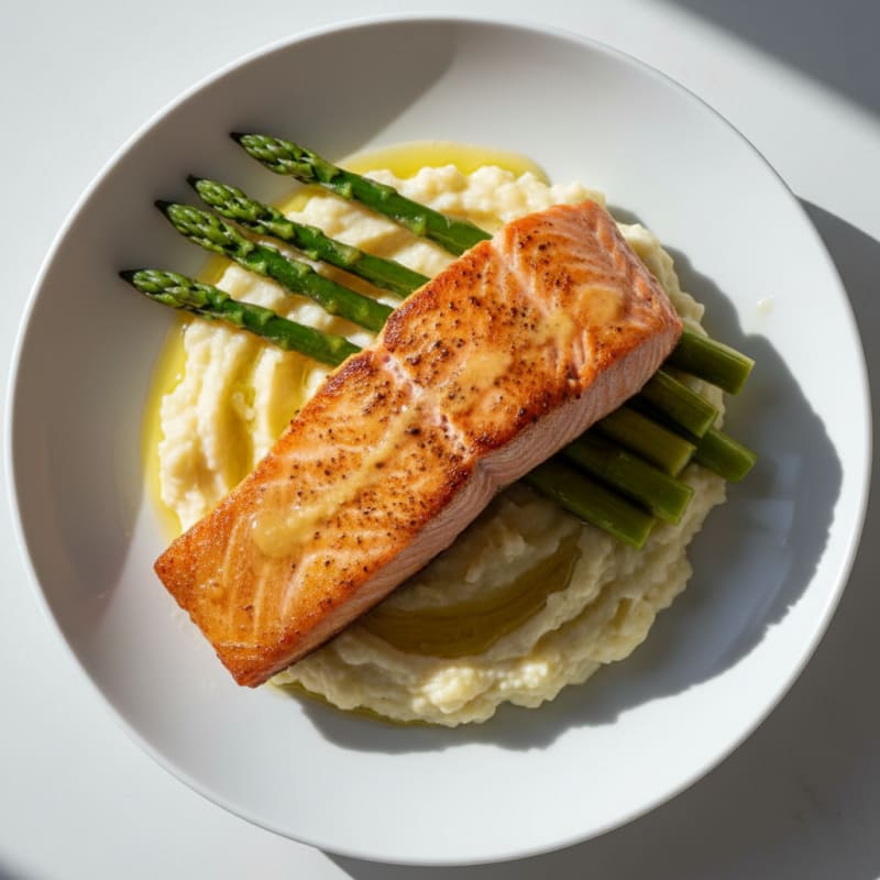 Seared Salmon Fillet with Steamed Asparagus and Cauliflower Mash