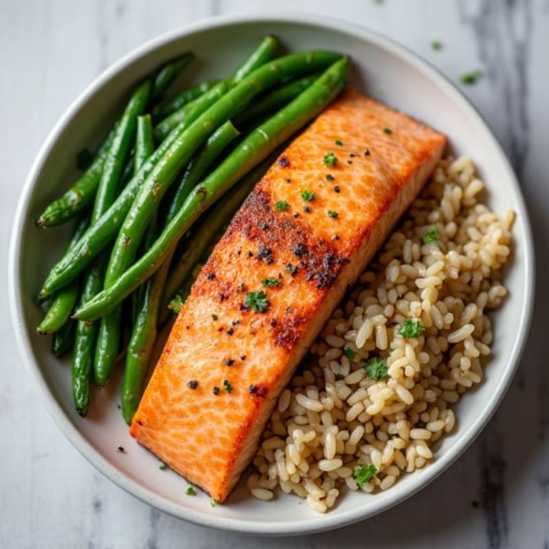 Seared Salmon with Garlic Green Beans and Brown Rice