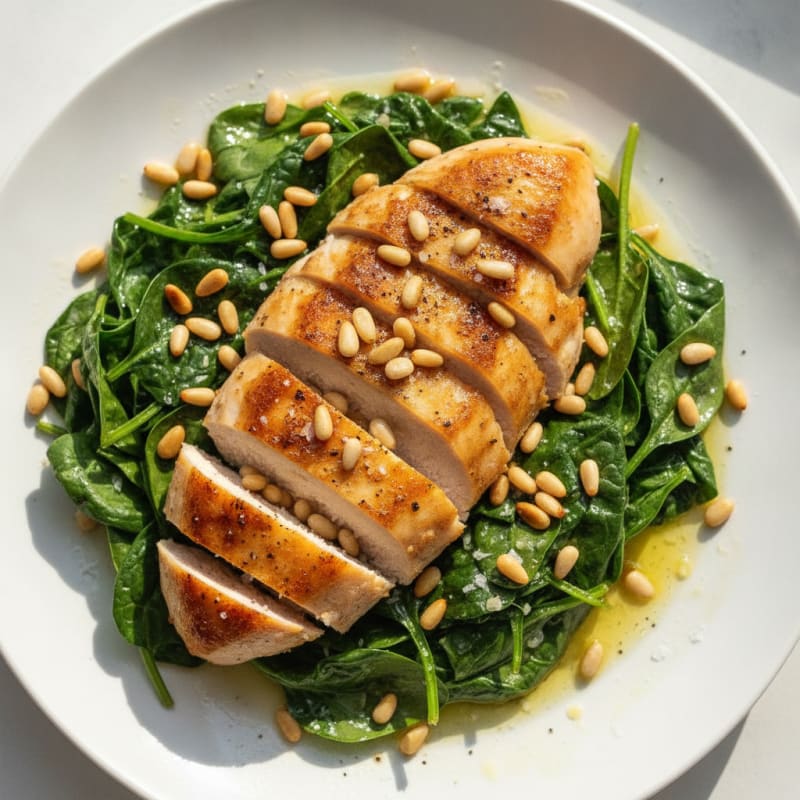 Garlic-Sauteed Spinach with Toasted Pine Nuts and Pan-Seared Chicken