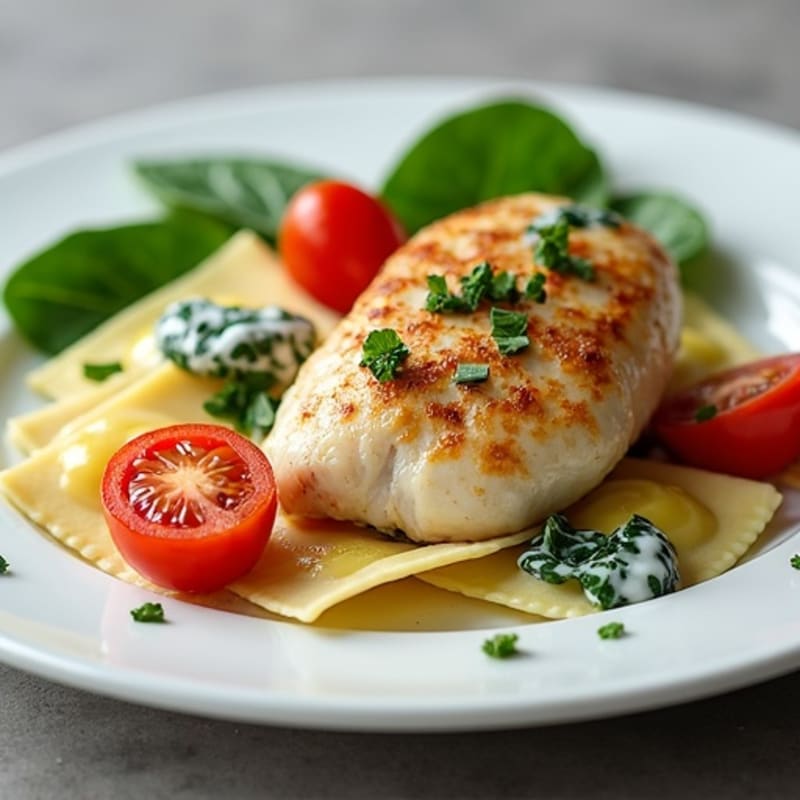 Creamy Spinach Ravioli with Pan-Seared Chicken and Blistered Tomatoes