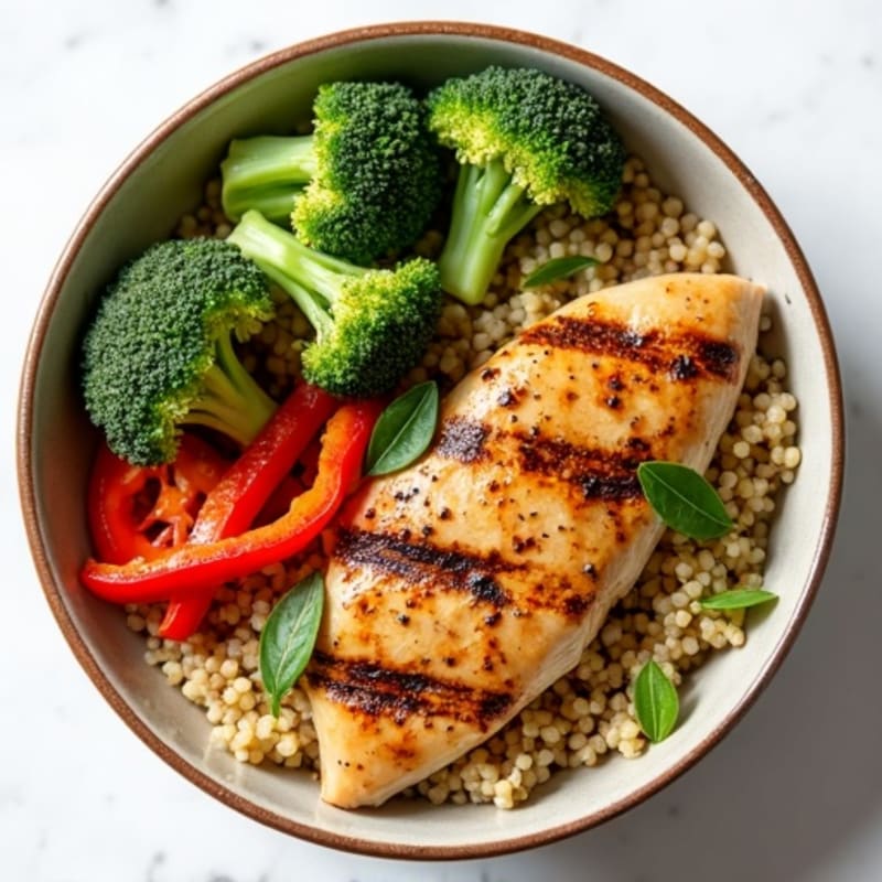 Grilled Chicken and Quinoa Bowl with Roasted Broccoli and Red Peppers