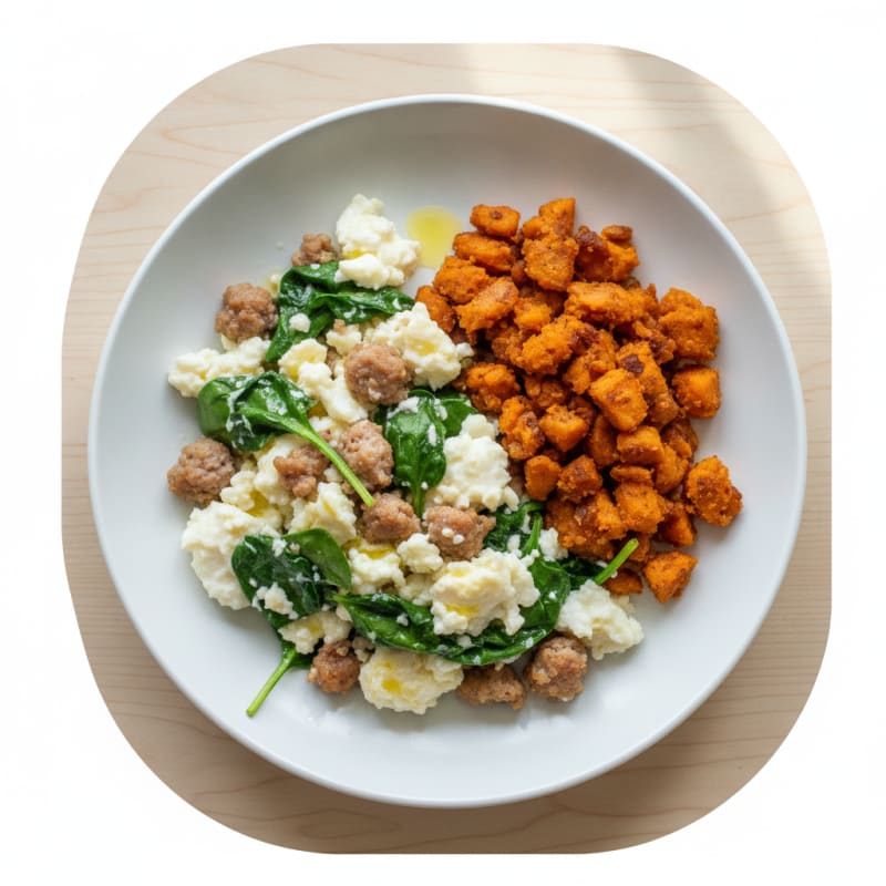 Egg White Scramble with Turkey Sausage and Sautéed Spinach