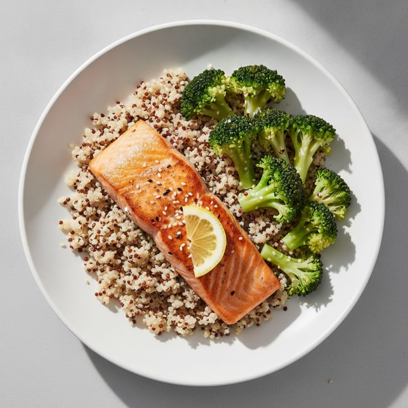 Seared Salmon with Steamed Broccoli and Quinoa