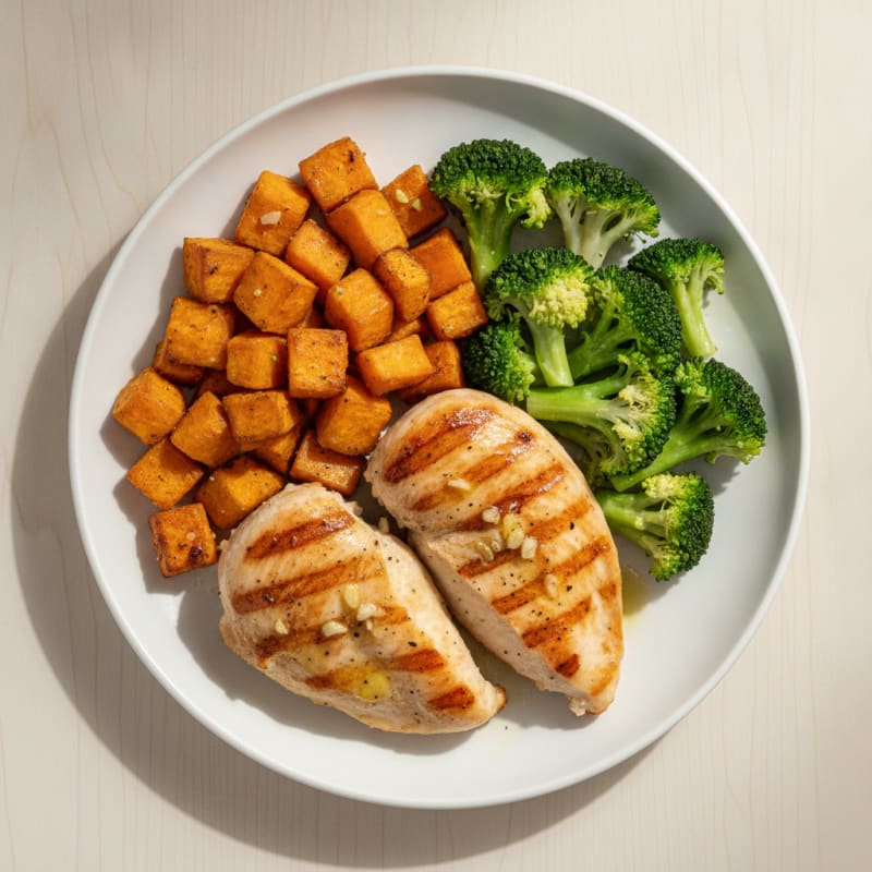 Grilled Chicken Breast with Roasted Sweet Potato and Steamed Broccoli