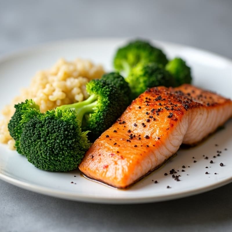 Seared Salmon with Steamed Broccoli and Quinoa