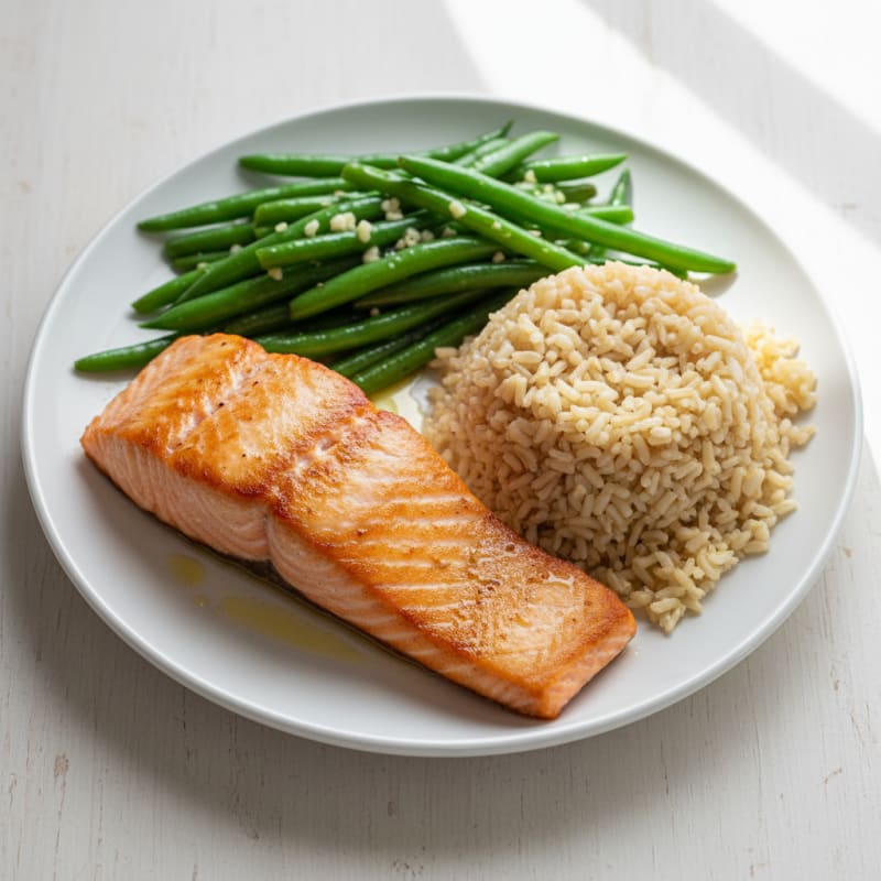 Seared Salmon with Garlic Green Beans and Brown Rice