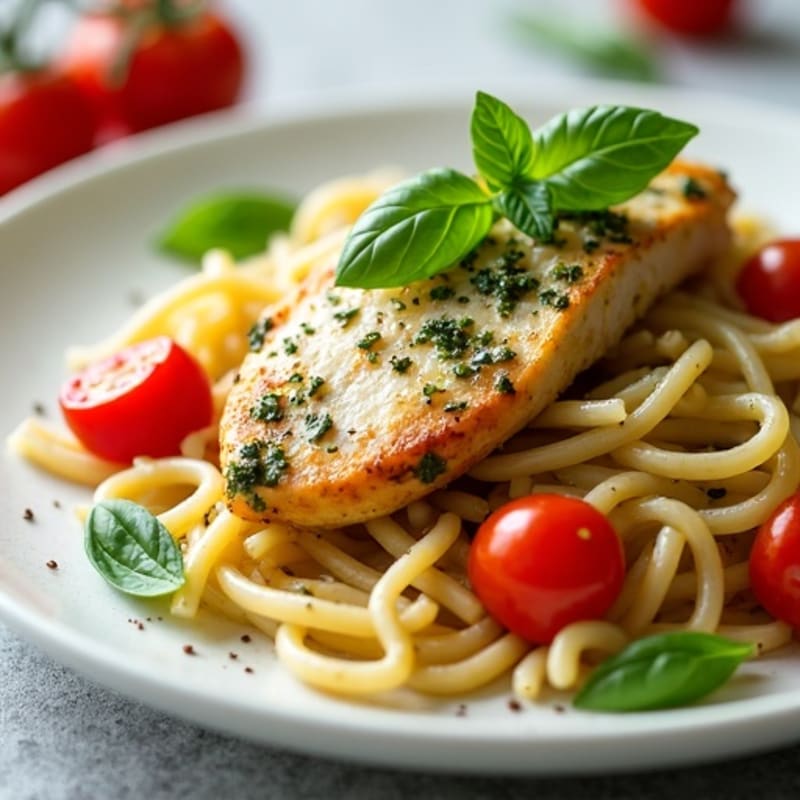 Creamy Basil Pesto Chicken Pasta with Roasted Cherry Tomatoes