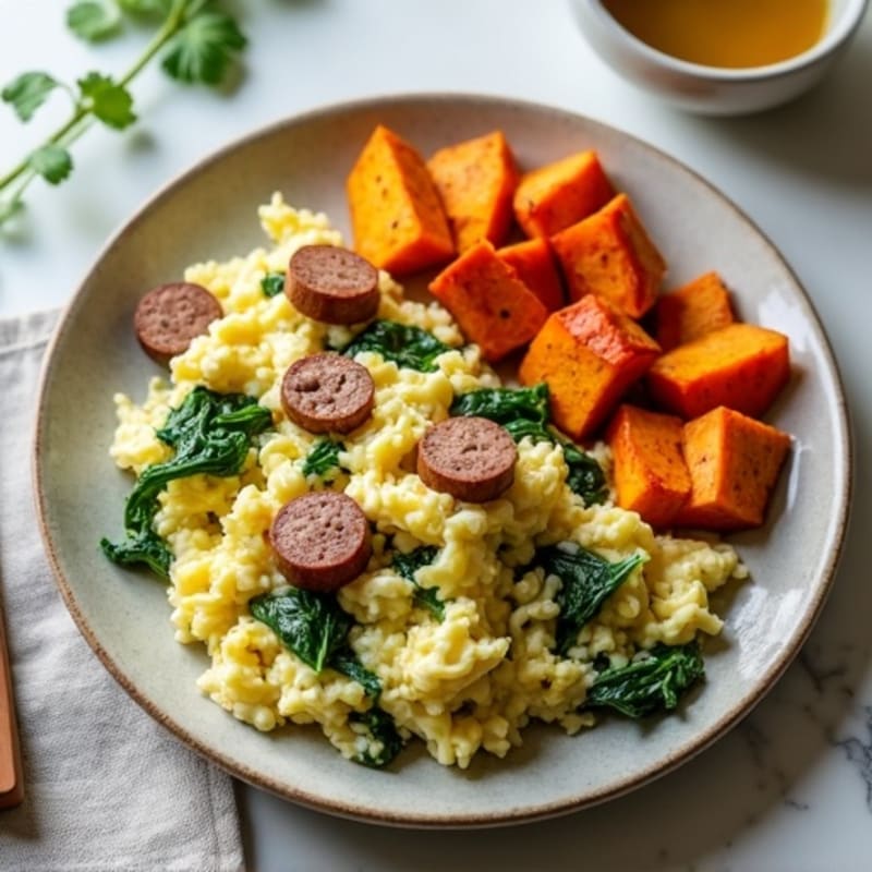 Egg White Spinach Scramble with Turkey Sausage and Roasted Sweet Potato