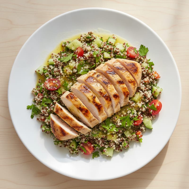 Grilled Chicken Breast with Quinoa Tabbouleh and Lemon-Olive Oil Dressing
