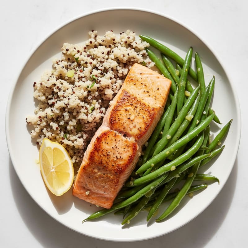Seared Salmon Fillet with Lemon Garlic Green Beans and Quinoa