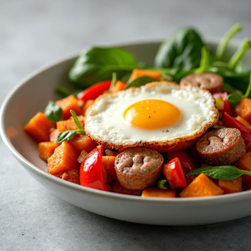 Sweet Potato and Turkey Sausage Hash with Crispy Eggs