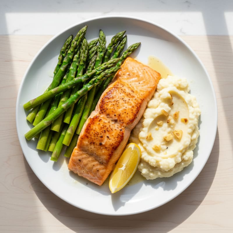 Seared Salmon with Steamed Asparagus and Garlic Mashed Cauliflower