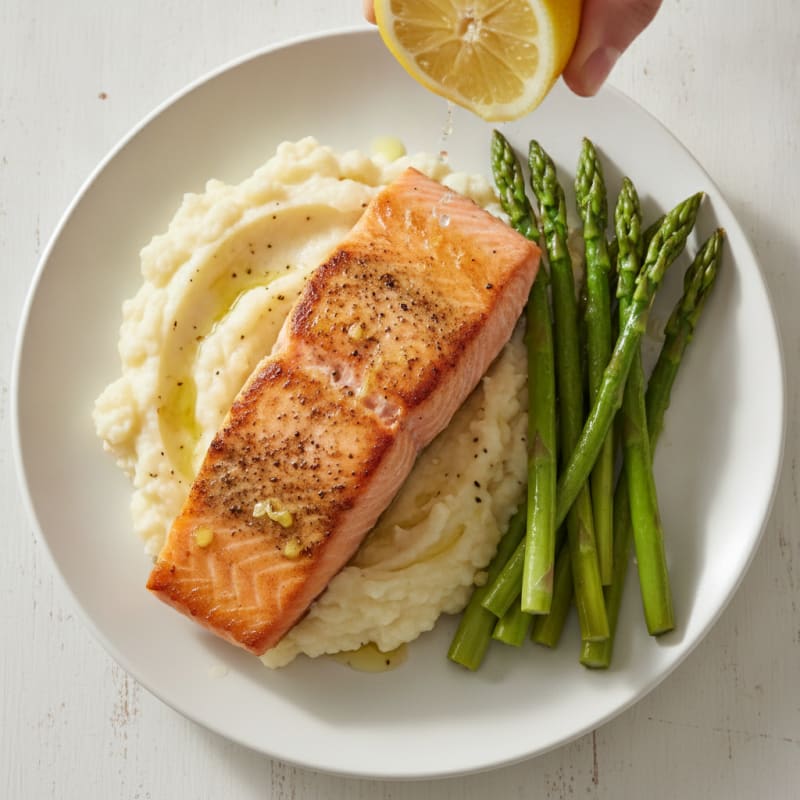 Seared Salmon with Steamed Asparagus and Garlic Mashed Cauliflower