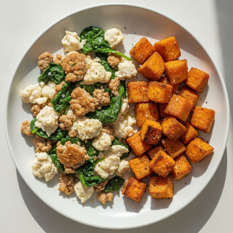 Egg White and Turkey Spinach Scramble with Roasted Sweet Potatoes