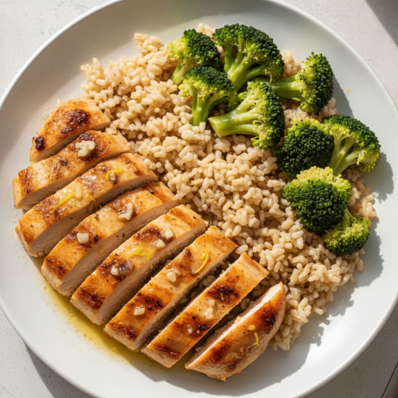 Seared Lemon Garlic Chicken Breast with Steamed Broccoli and Brown Rice