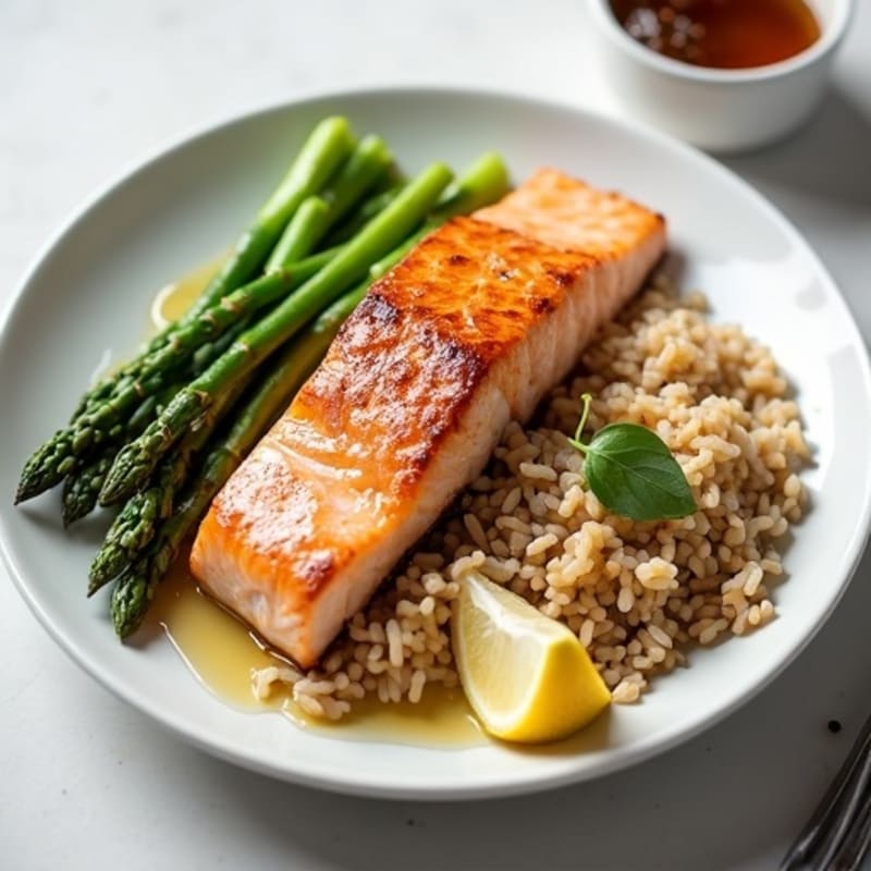 Seared Salmon Fillet with Steamed Asparagus and Brown Rice