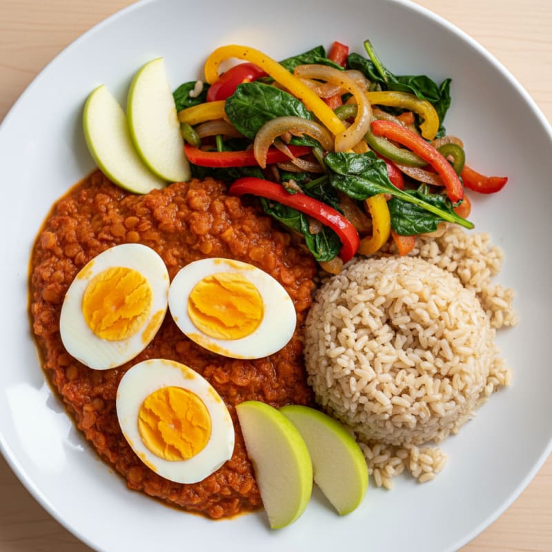 Egg Curry with Mixed Vegetable Stir-Fry and Brown Rice