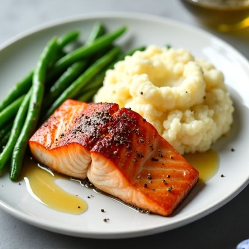 Seared Salmon Fillet with Steamed Green Beans and Mashed Cauliflower