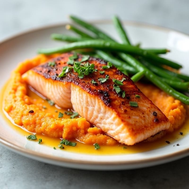 Seared Salmon with Garlic Green Beans and Sweet Potato Mash