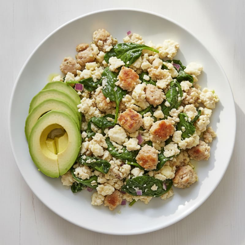 Egg White and Turkey Sausage Scramble with Sautéed Spinach