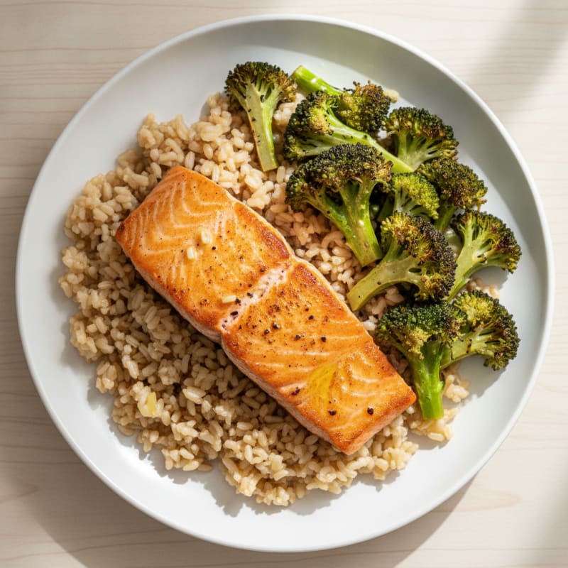 Seared Salmon with Brown Rice and Roasted Broccoli