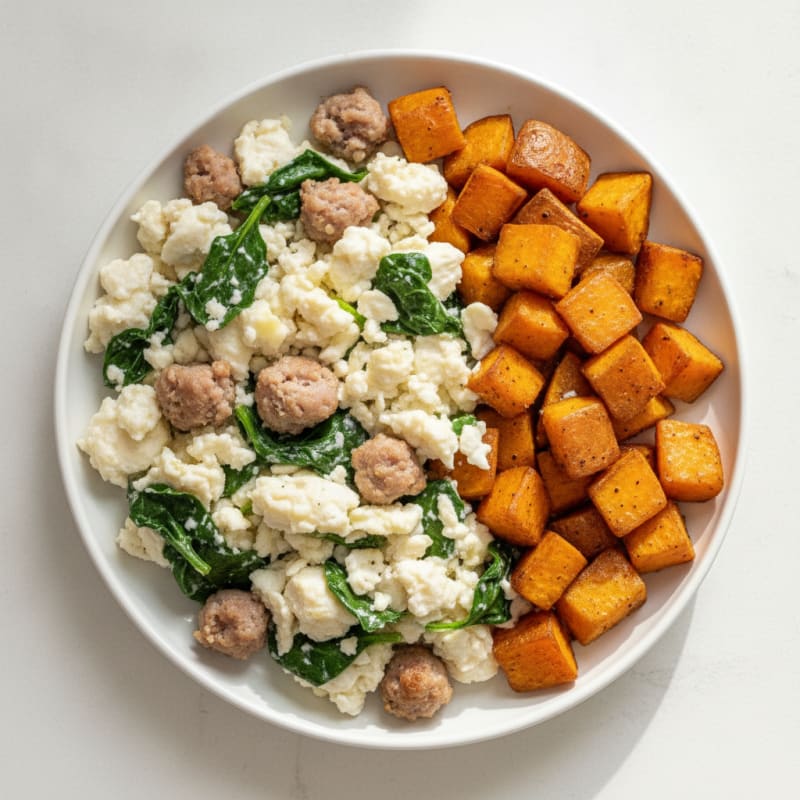 Egg White and Turkey Sausage Scramble with Spinach and Roasted Sweet Potato