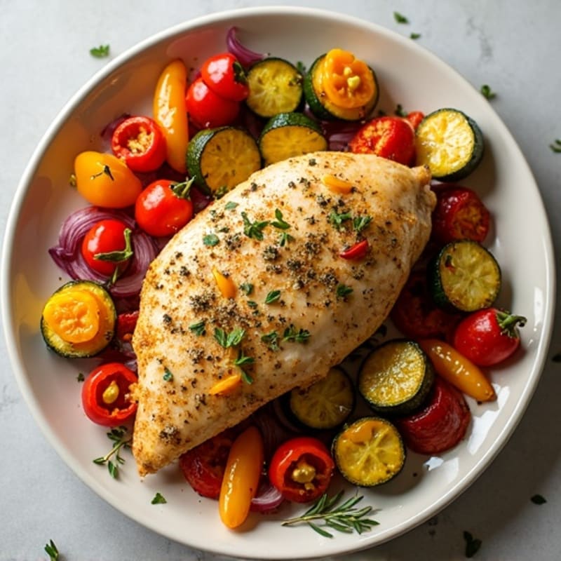 Herb-Crusted Sheet Pan Chicken with Roasted Rainbow Vegetables