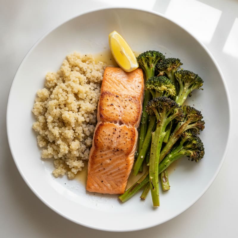Seared Salmon Fillet with Roasted Broccoli and Quinoa